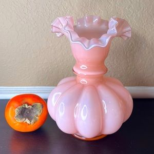 Vintage Fenton Art Glass 8” Dusty Rose Pink Overlay Melon Vase w Double Crimped